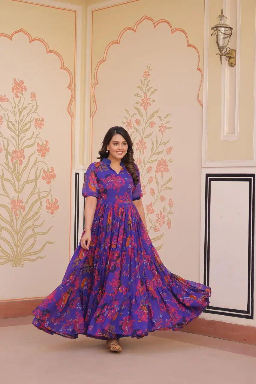 Blue Floral Printed Faux Georgette Gown | 12 MTR Flair | Festive & Party Wear