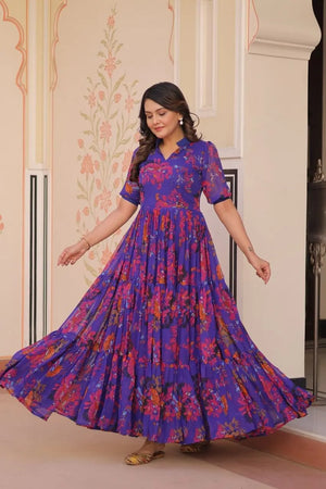 Blue Floral Printed Faux Georgette Gown | 12 MTR Flair | Festive & Party Wear