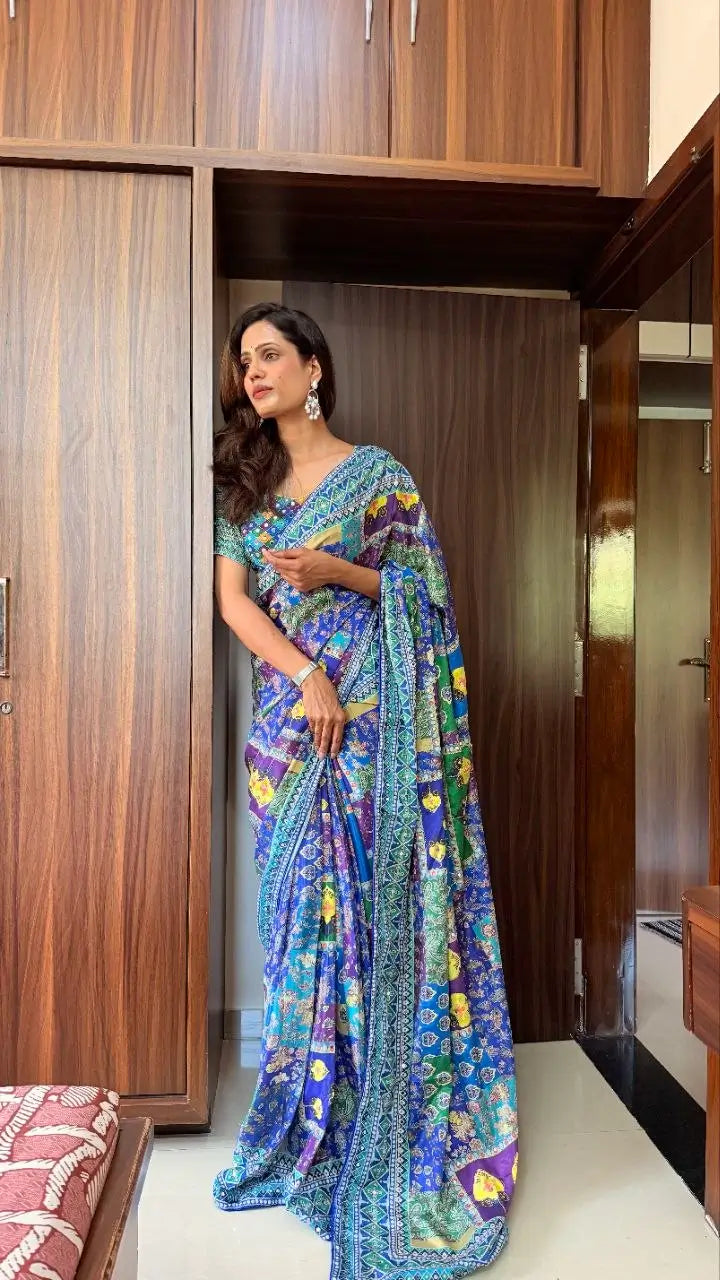 Blue Patchwork Mirror Saree