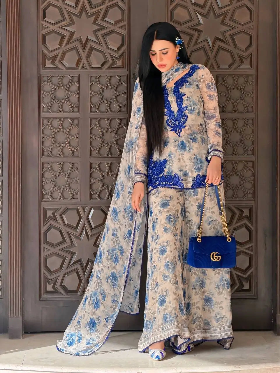 Blue & Pink Floral Print Kurta Palazzo Set