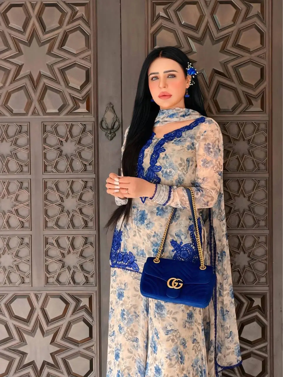 Blue & Pink Floral Print Kurta Palazzo Set