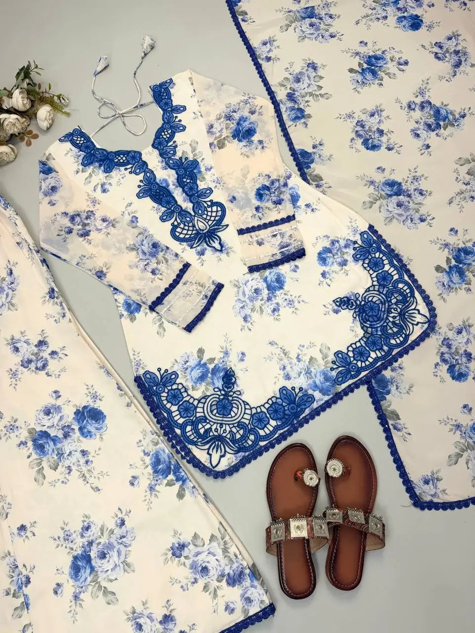 Blue & Pink Floral Print Kurta Palazzo Set
