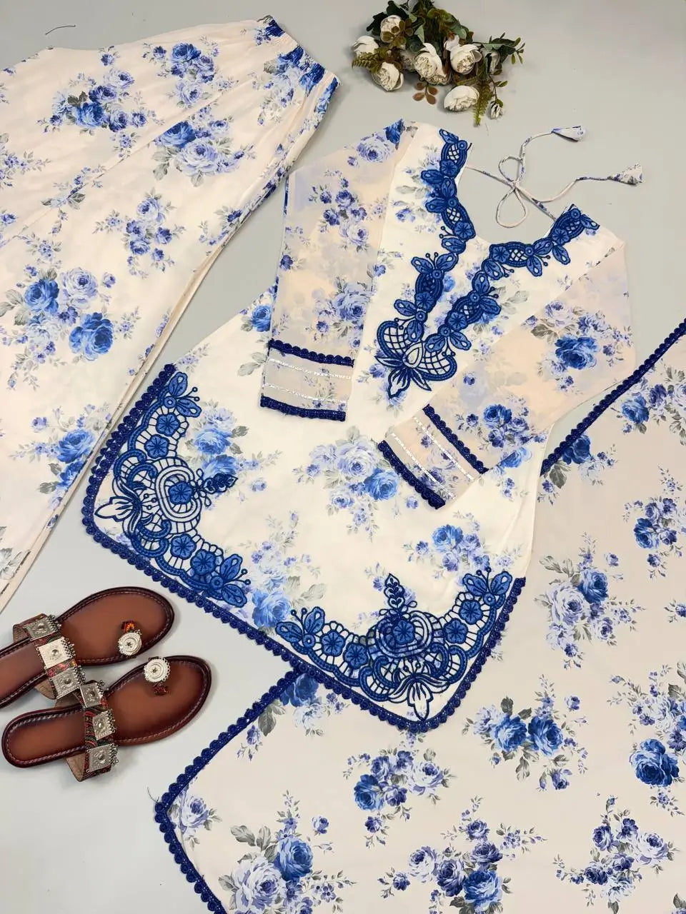 Blue & Pink Floral Print Kurta Palazzo Set