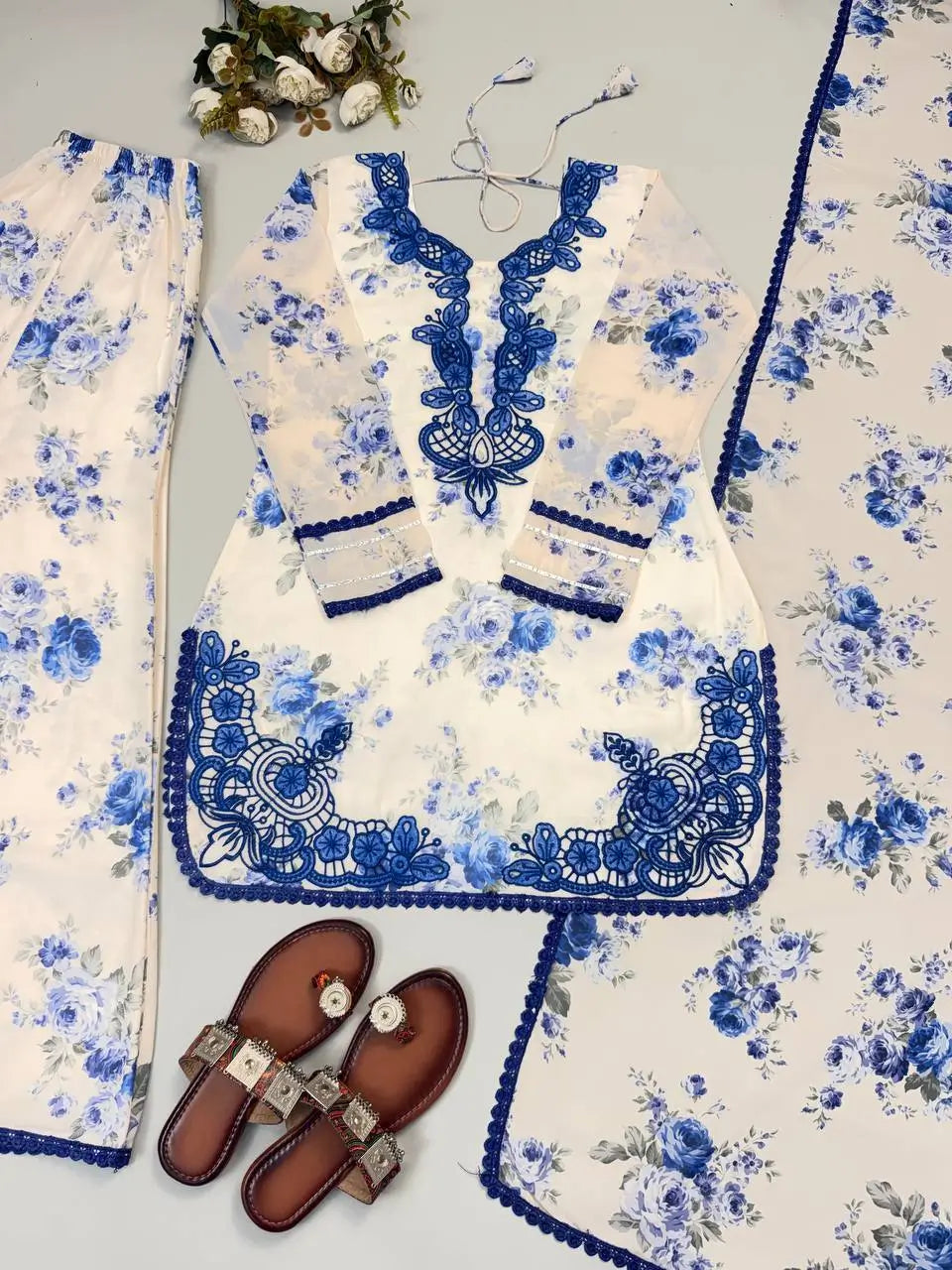 Blue & Pink Floral Print Kurta Palazzo Set