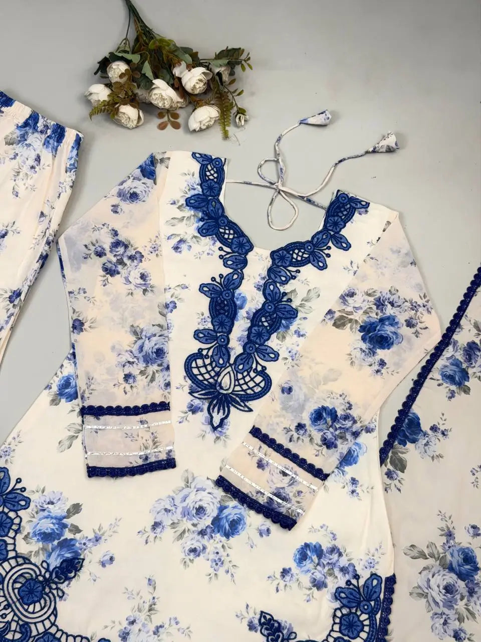 Blue & Pink Floral Print Kurta Palazzo Set