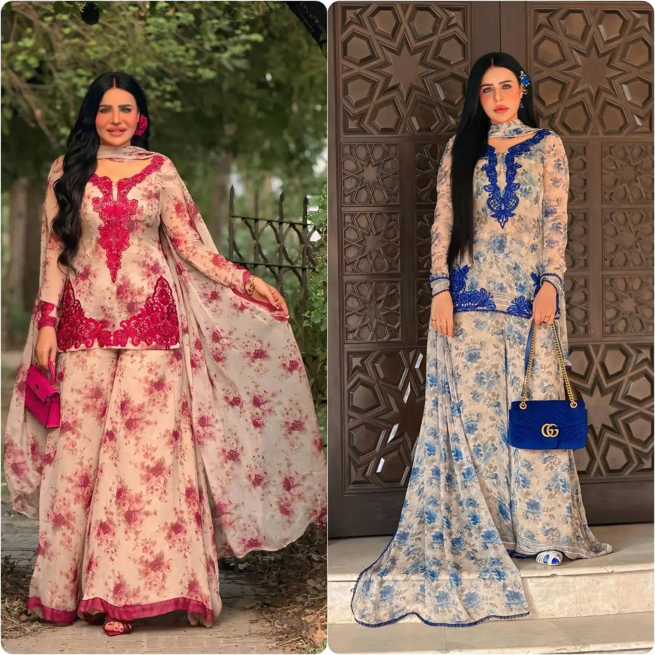 Blue & Pink Floral Print Kurta Palazzo Set