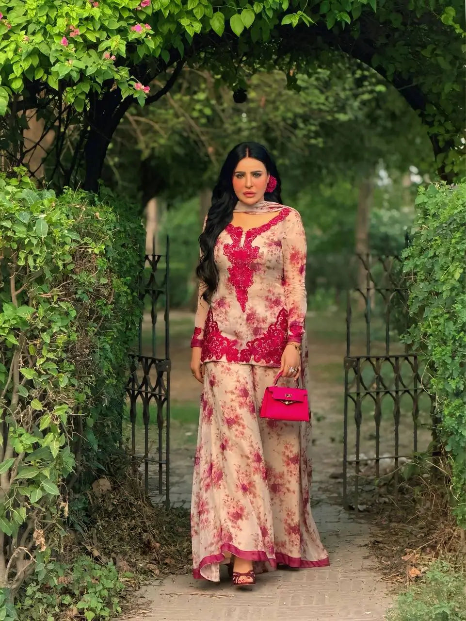Blue & Pink Floral Print Kurta Palazzo Set