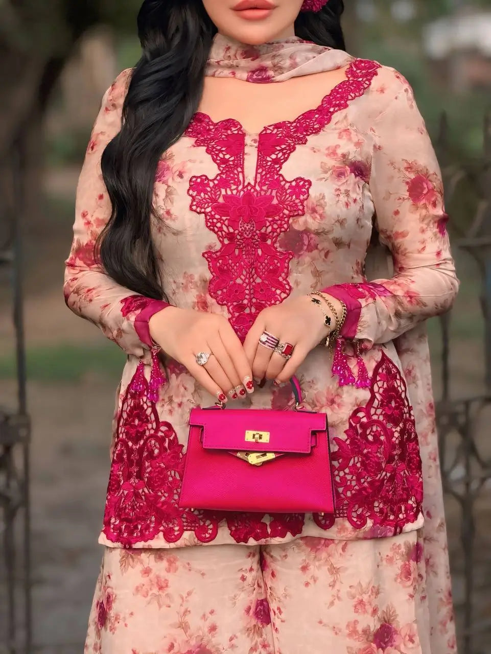Blue & Pink Floral Print Kurta Palazzo Set
