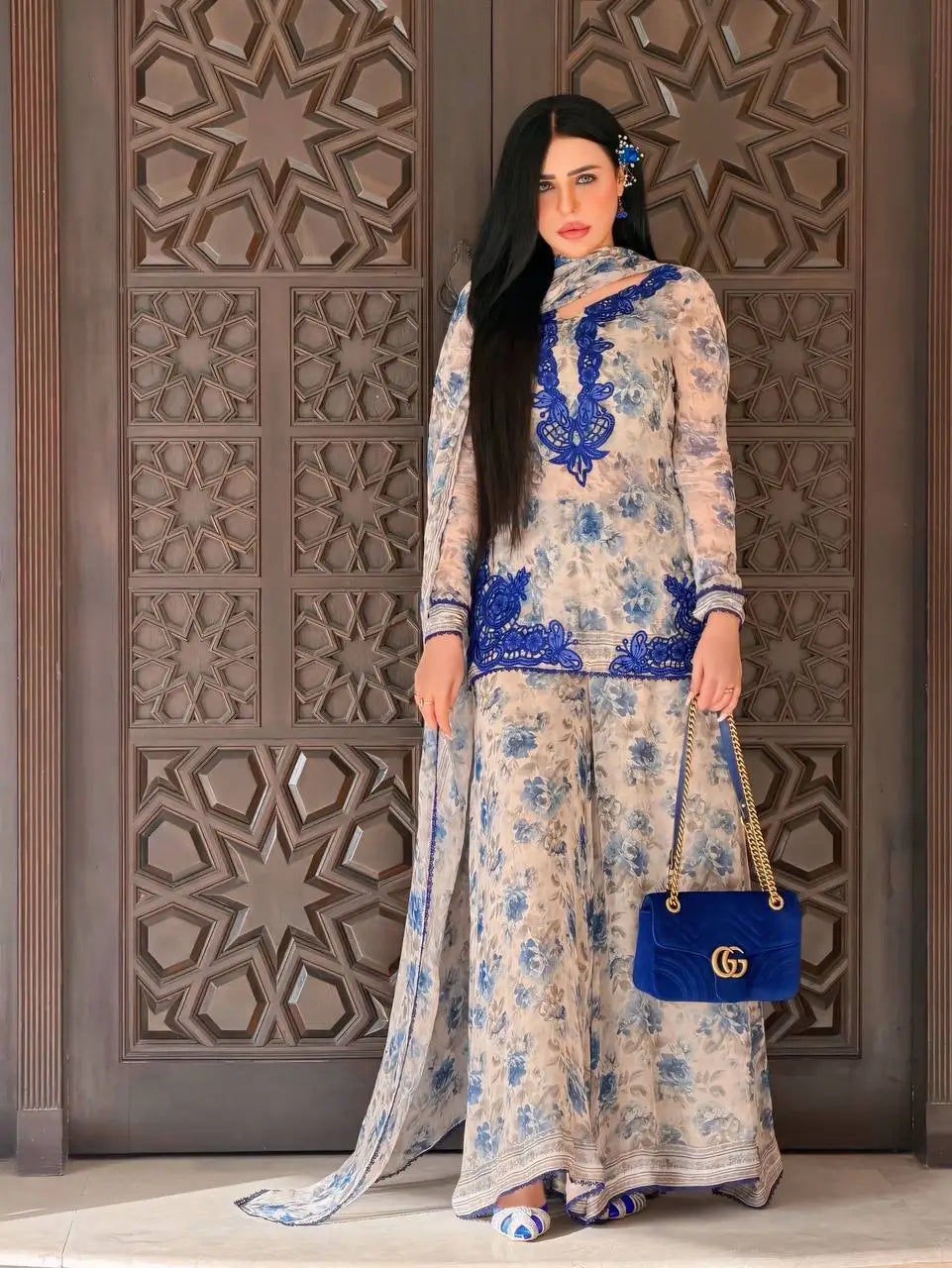 Blue & Pink Floral Print Kurta Palazzo Set