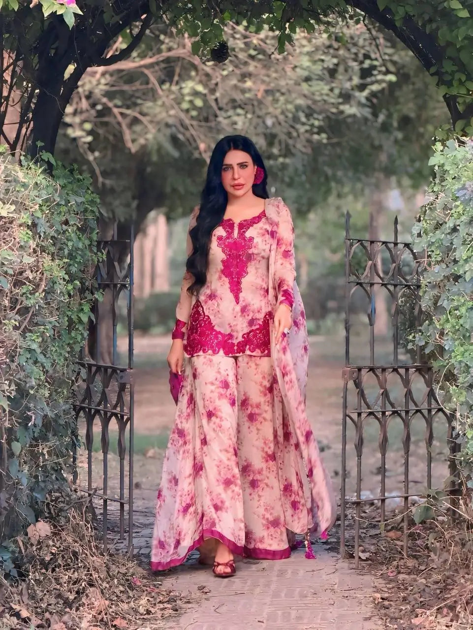 Blue & Pink Floral Print Kurta Palazzo Set