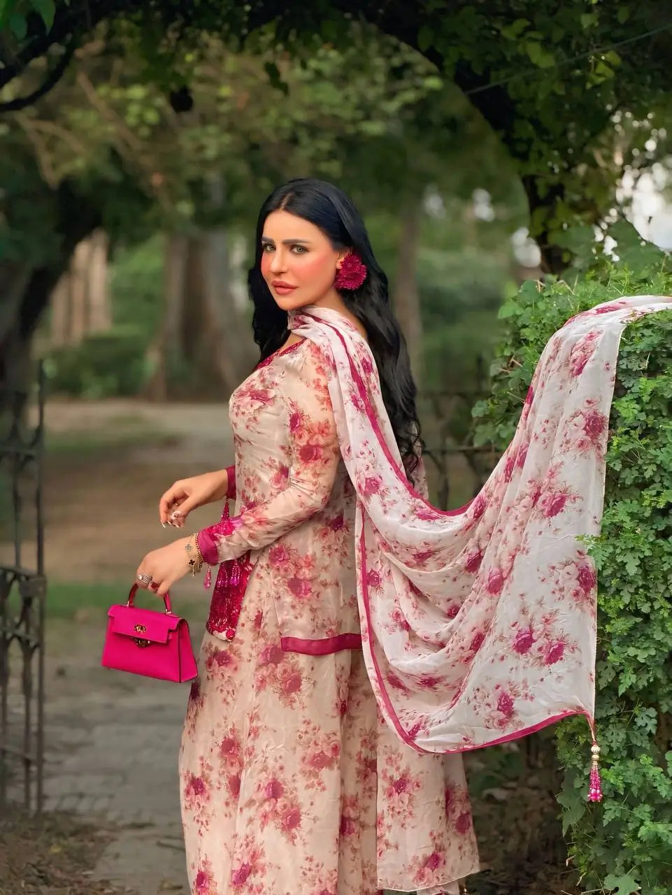 Blue & Pink Floral Print Kurta Palazzo Set