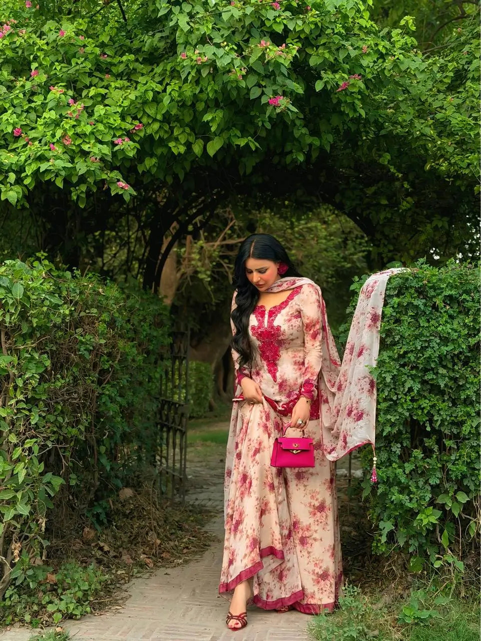 Blue & Pink Floral Print Kurta Palazzo Set