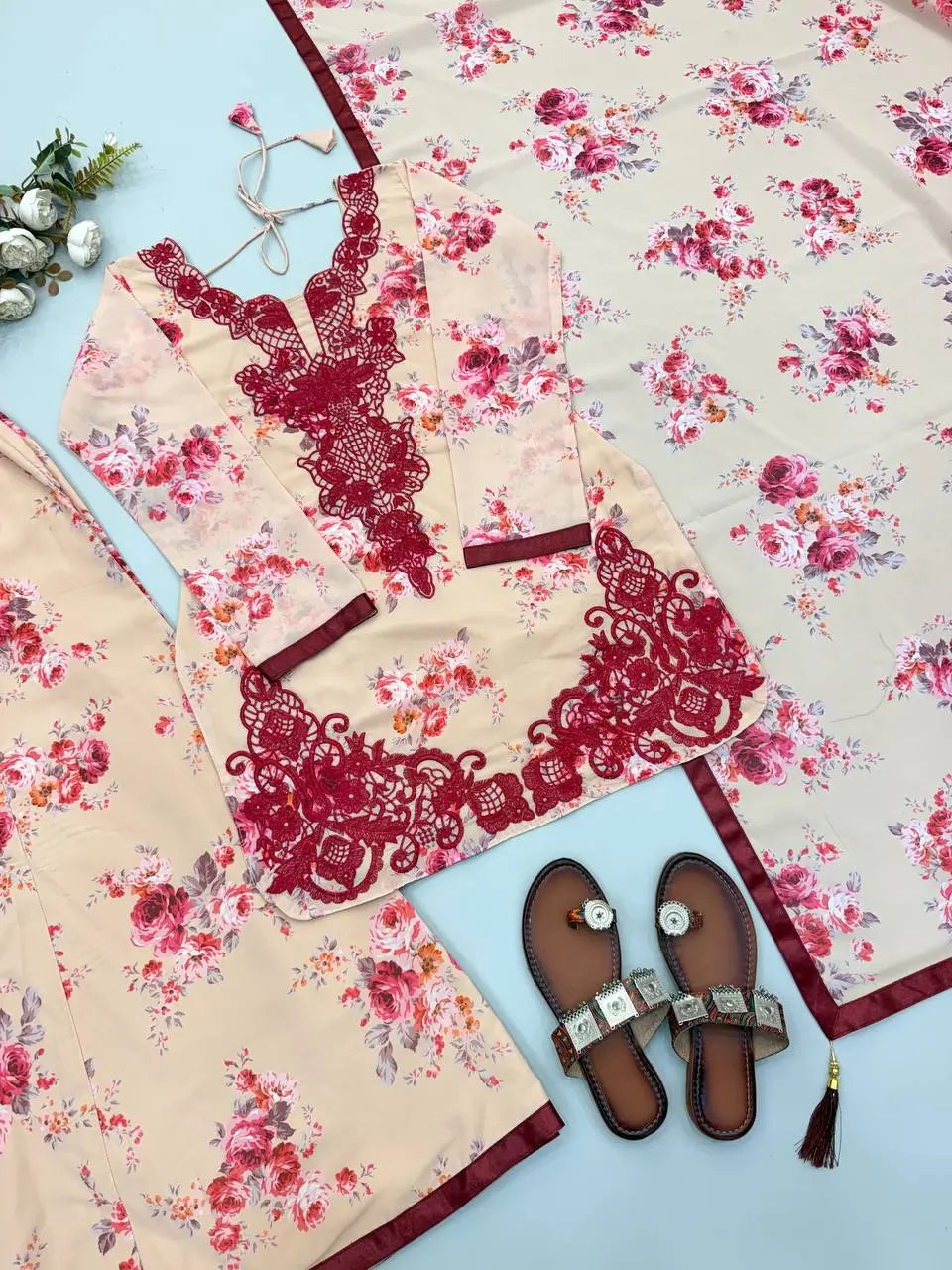 Blue & Pink Floral Print Kurta Palazzo Set