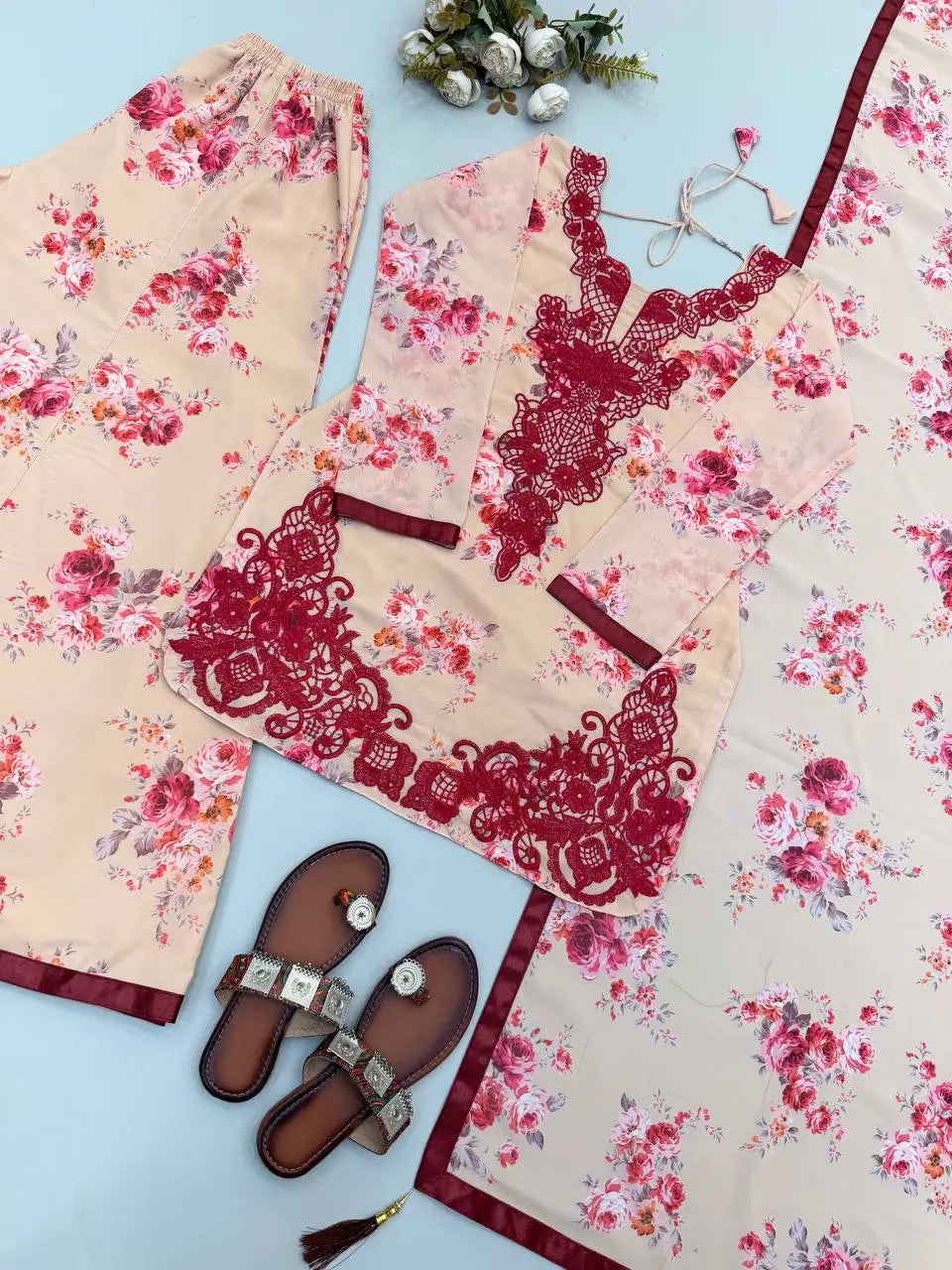 Blue & Pink Floral Print Kurta Palazzo Set