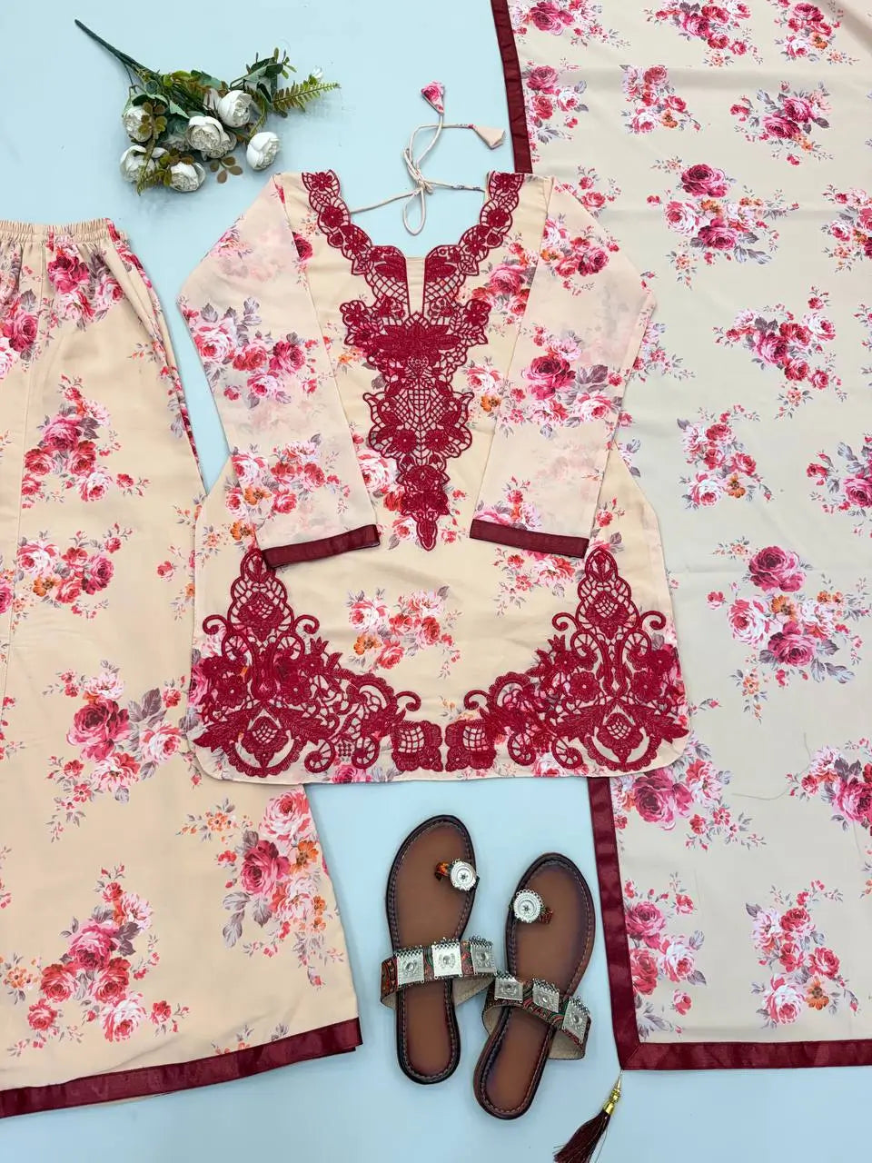 Blue & Pink Floral Print Kurta Palazzo Set