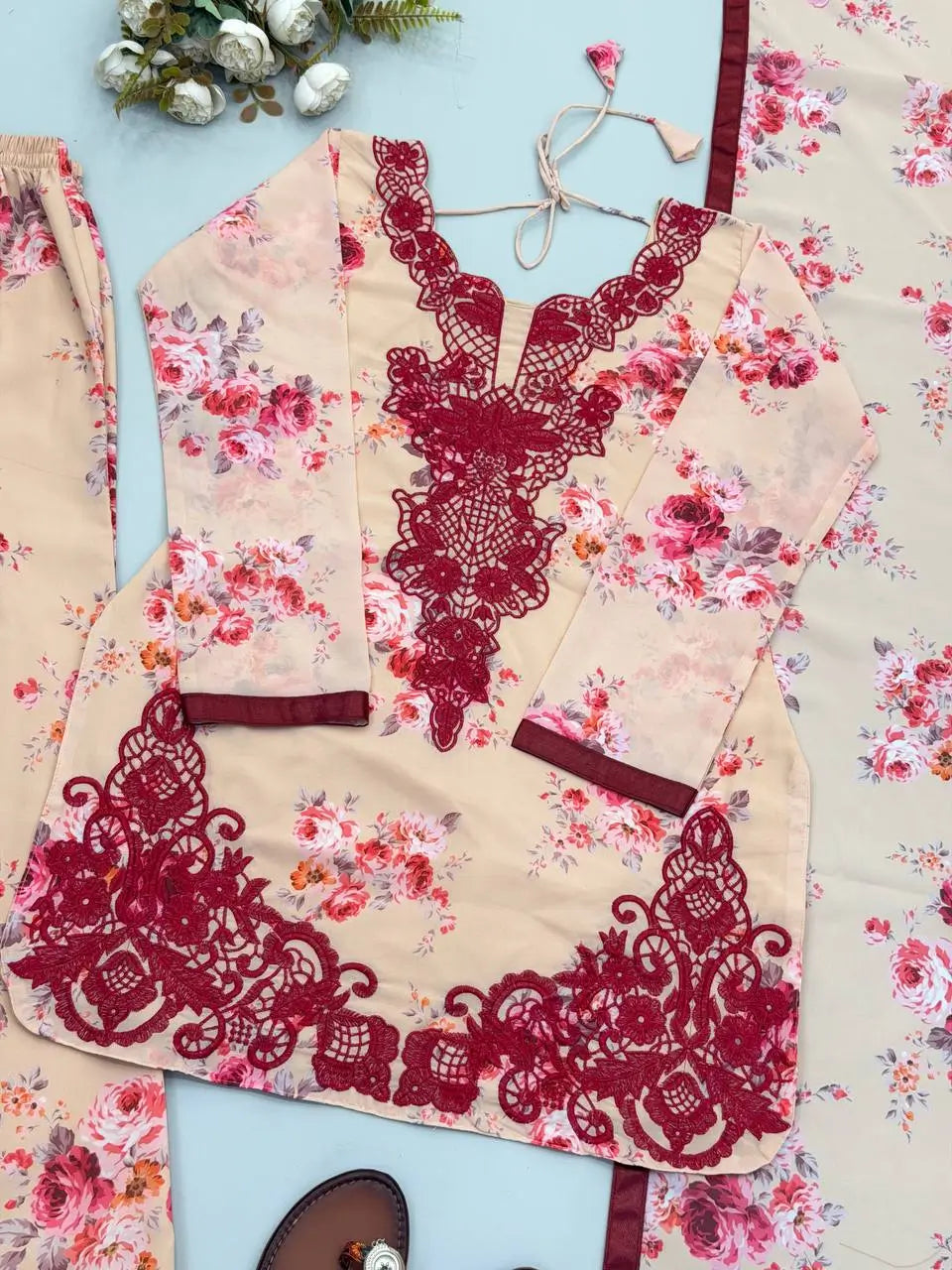 Blue & Pink Floral Print Kurta Palazzo Set