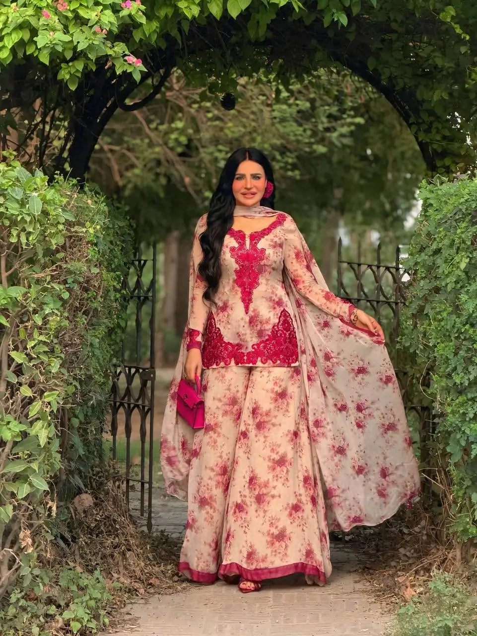 Blue & Pink Floral Print Kurta Palazzo Set