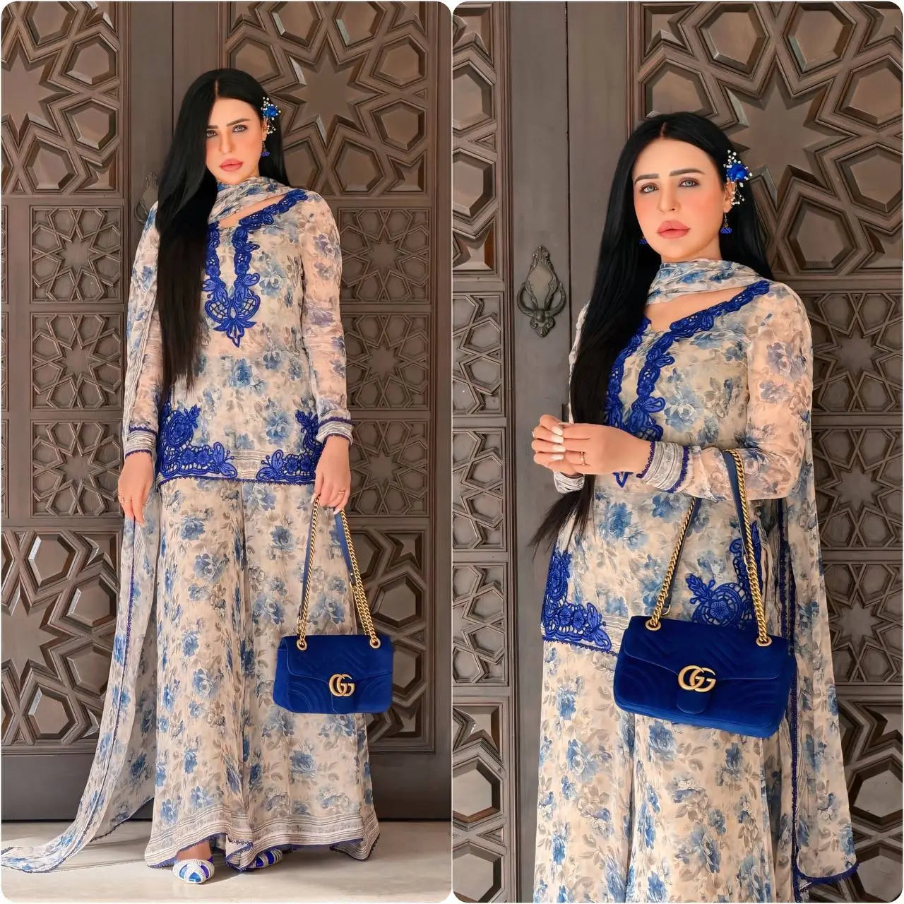 Blue & Pink Floral Print Kurta Palazzo Set