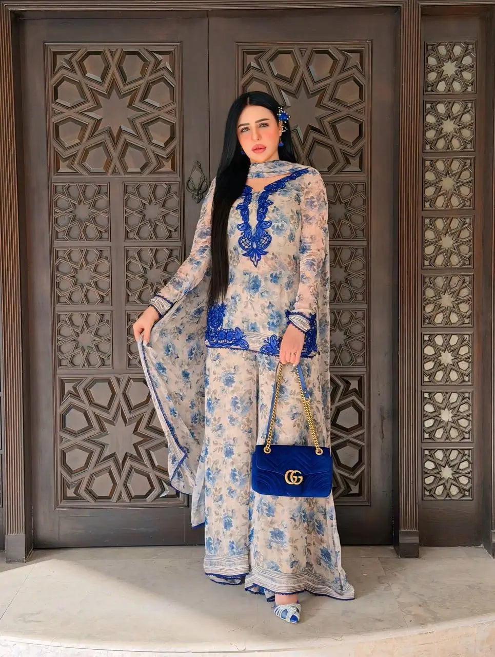 Blue & Pink Floral Print Kurta Palazzo Set