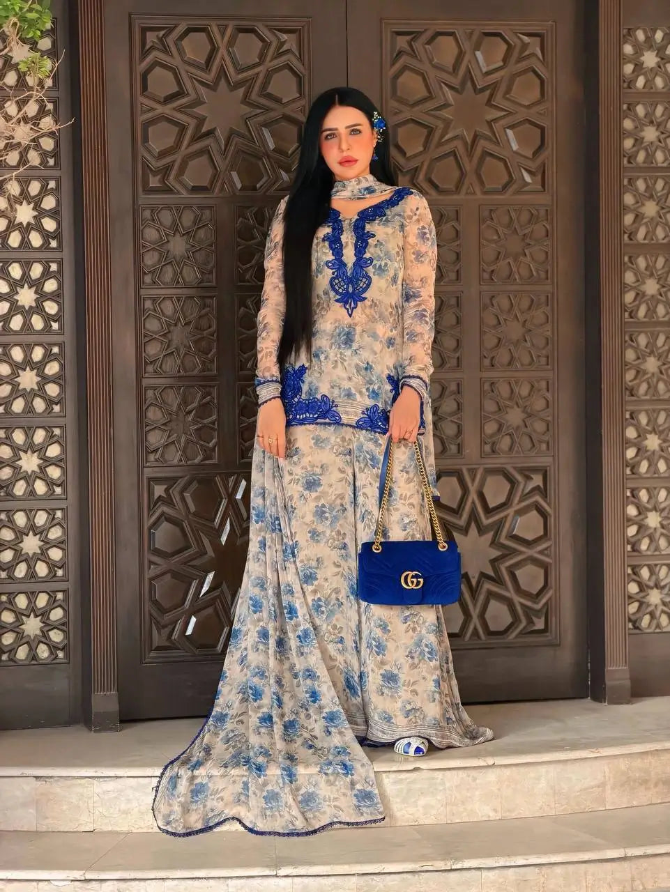 Blue & Pink Floral Print Kurta Palazzo Set
