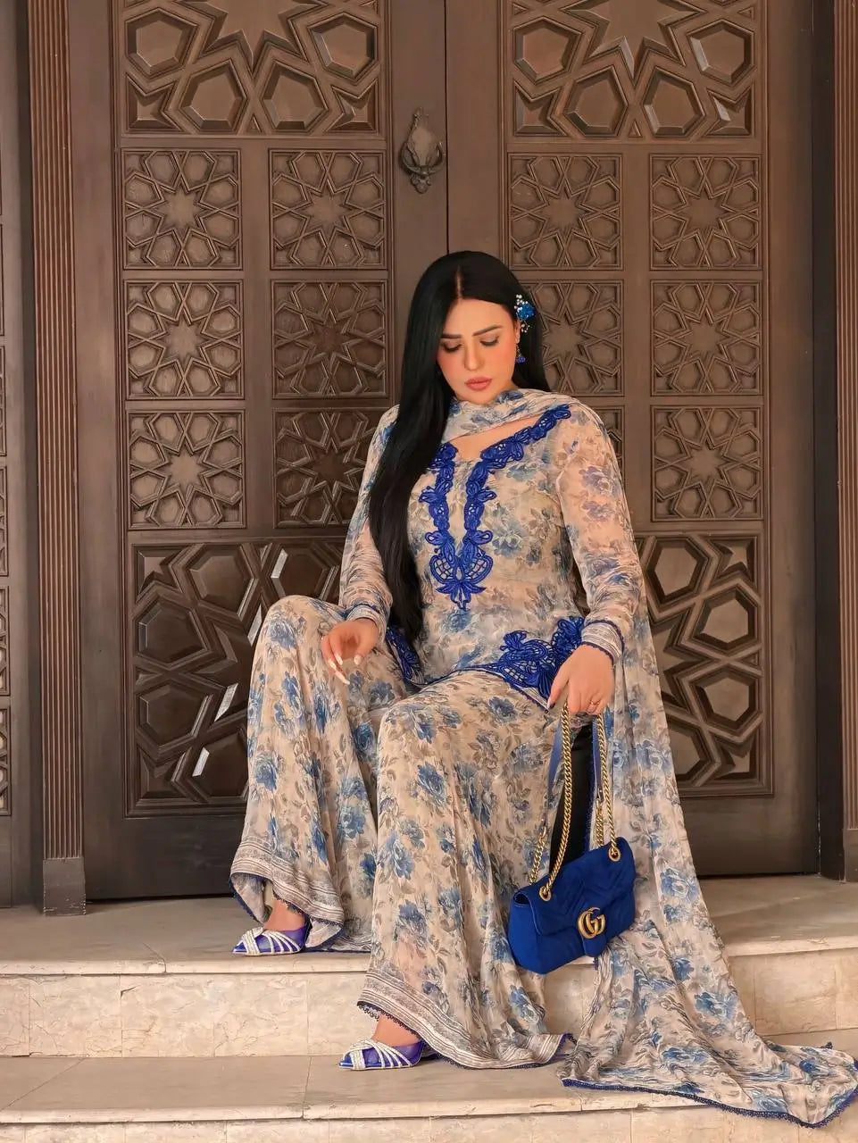 Blue & Pink Floral Print Kurta Palazzo Set