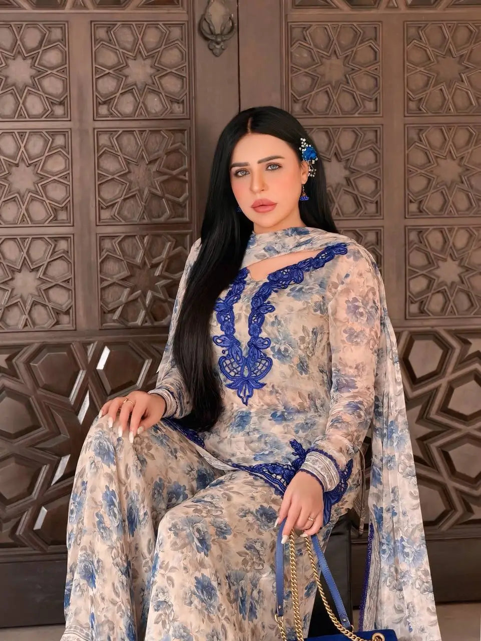 Blue & Pink Floral Print Kurta Palazzo Set