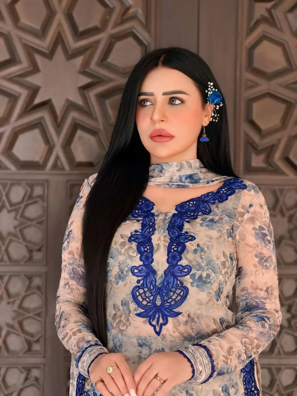Blue & Pink Floral Print Kurta Palazzo Set