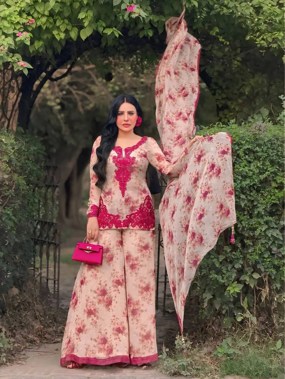 Blue & Pink Floral Print Kurta Palazzo Set