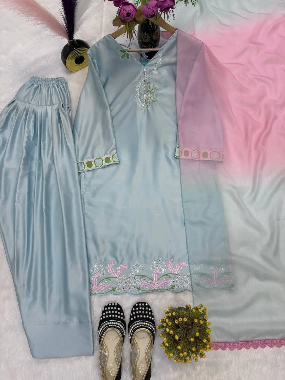 Blue Satin Silk Farshi Salwar Suit with Organza Dupatta