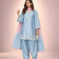 Blue Satin Silk Farshi Salwar Suit with Organza Dupatta