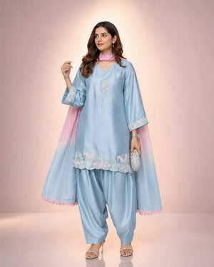 Blue Satin Silk Farshi Salwar Suit with Organza Dupatta