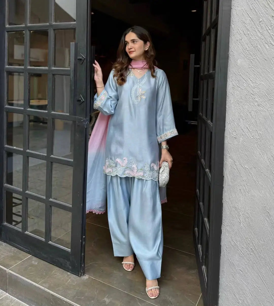Blue Satin Silk Farshi Salwar Suit with Organza Dupatta
