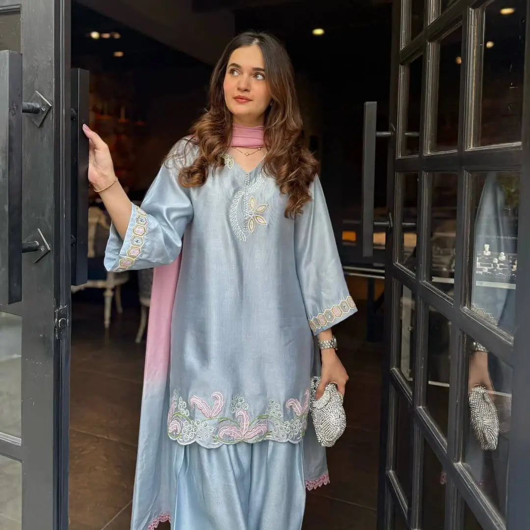 Blue Satin Silk Farshi Salwar Suit with Organza Dupatta