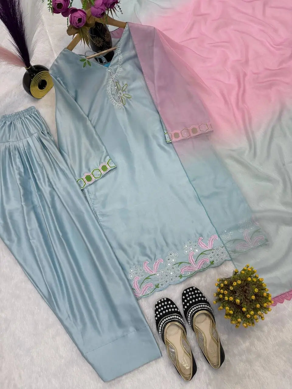 Blue Satin Silk Farshi Salwar Suit with Organza Dupatta