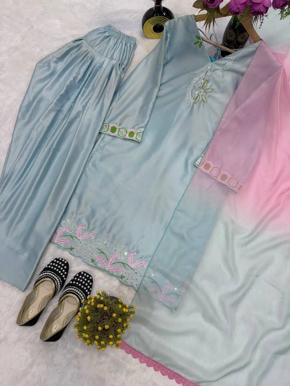 Blue Satin Silk Farshi Salwar Suit with Organza Dupatta