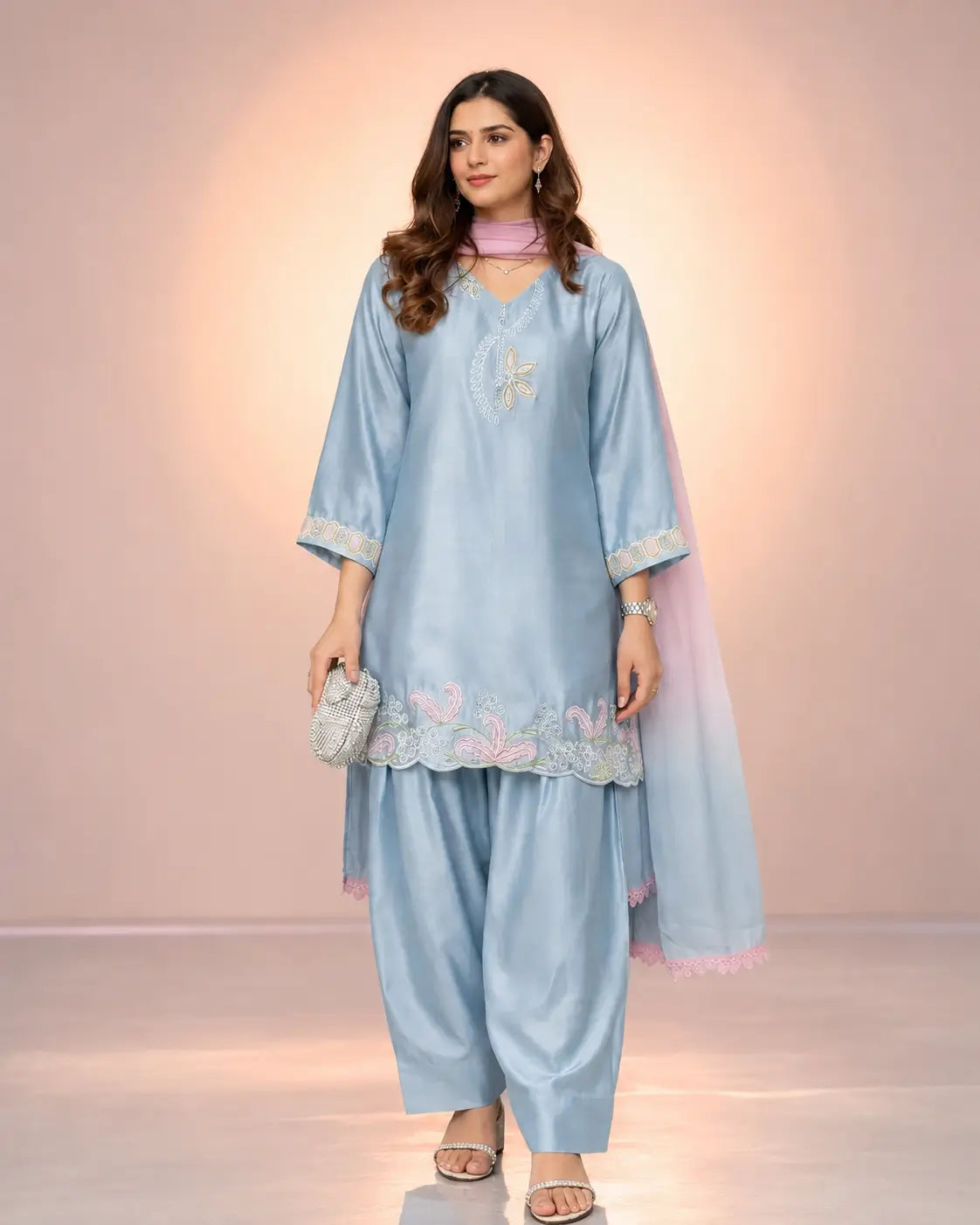 Blue Satin Silk Farshi Salwar Suit with Organza Dupatta