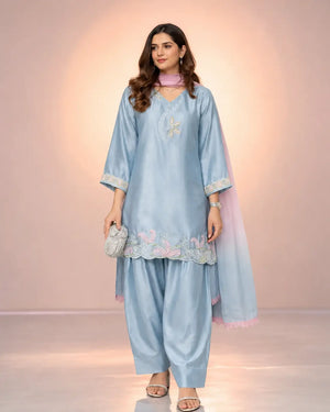 Blue Satin Silk Farshi Salwar Suit with Organza Dupatta