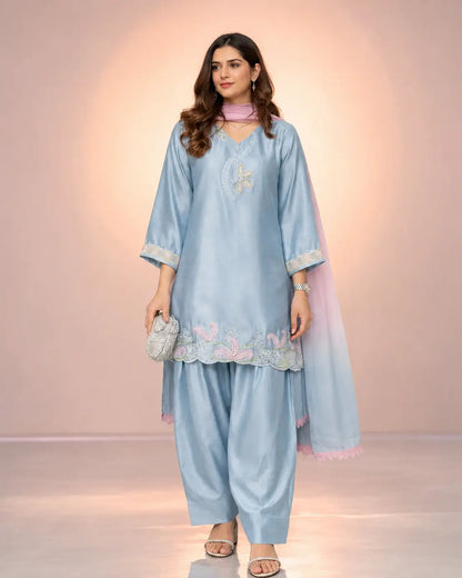 Blue Satin Silk Farshi Salwar Suit with Organza Dupatta