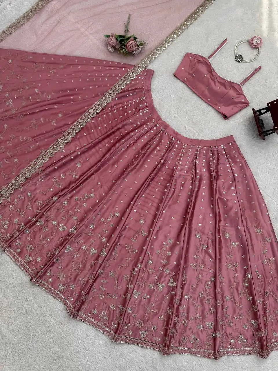 Blush Blossom Embroidered Satin Lehenga Set for Wedding and Festive Wear