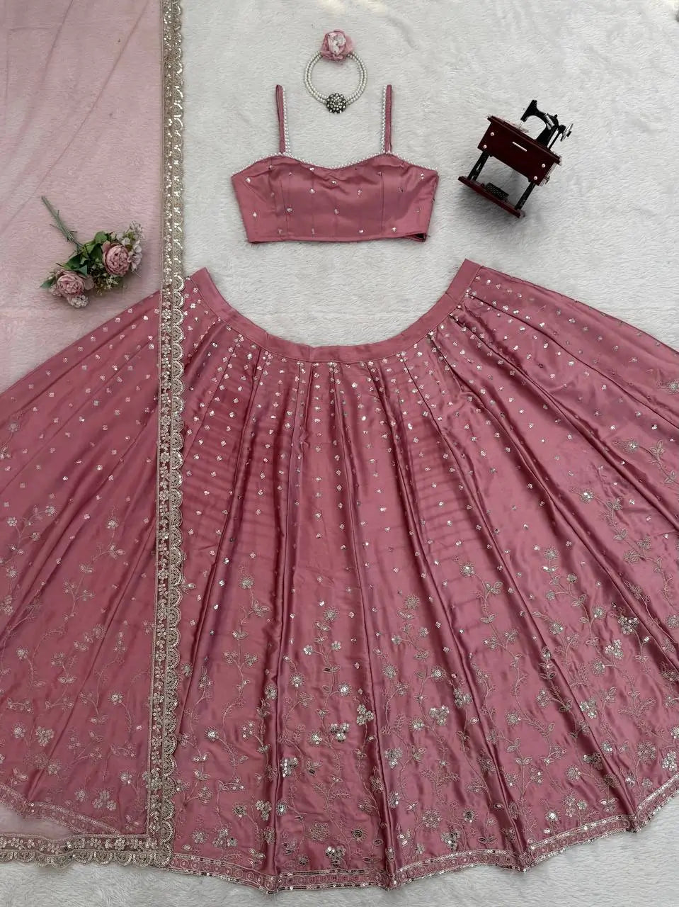 Blush Blossom Embroidered Satin Lehenga Set for Wedding and Festive Wear