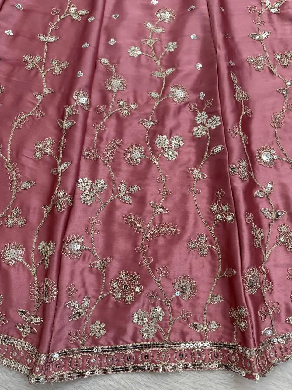 Blush Blossom Embroidered Satin Lehenga Set for Wedding and Festive Wear