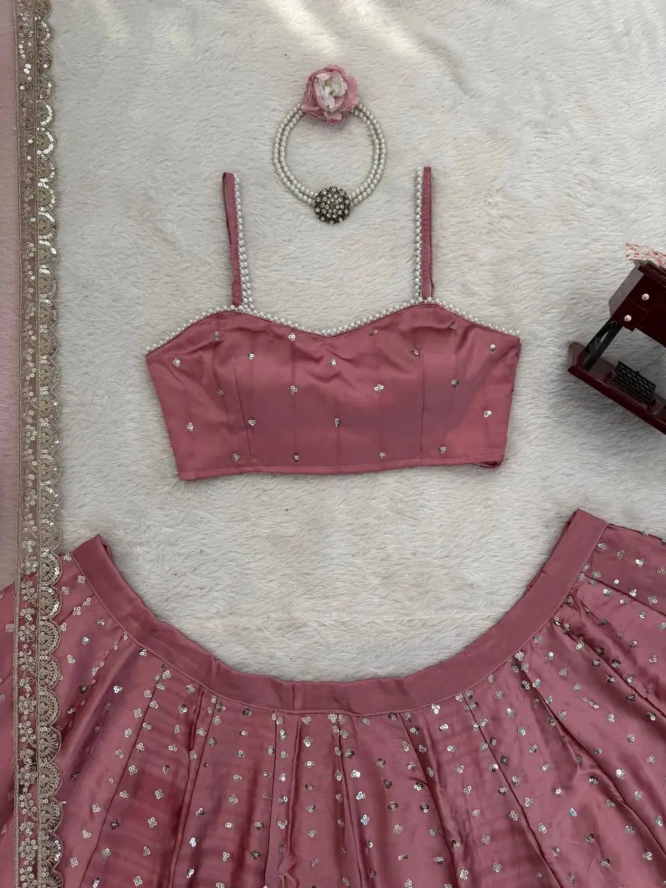 Blush Blossom Embroidered Satin Lehenga Set for Wedding and Festive Wear