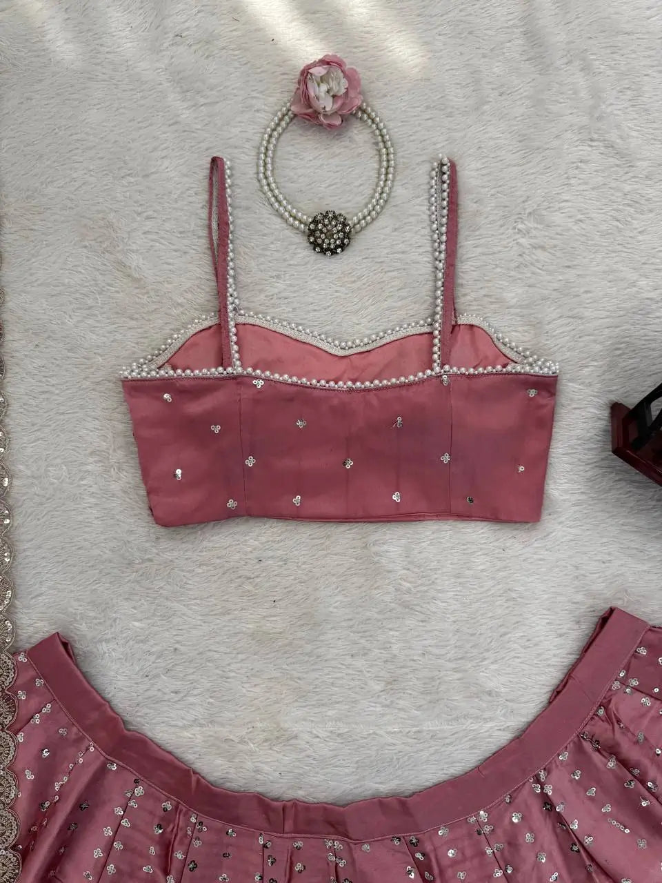Blush Blossom Embroidered Satin Lehenga Set for Wedding and Festive Wear