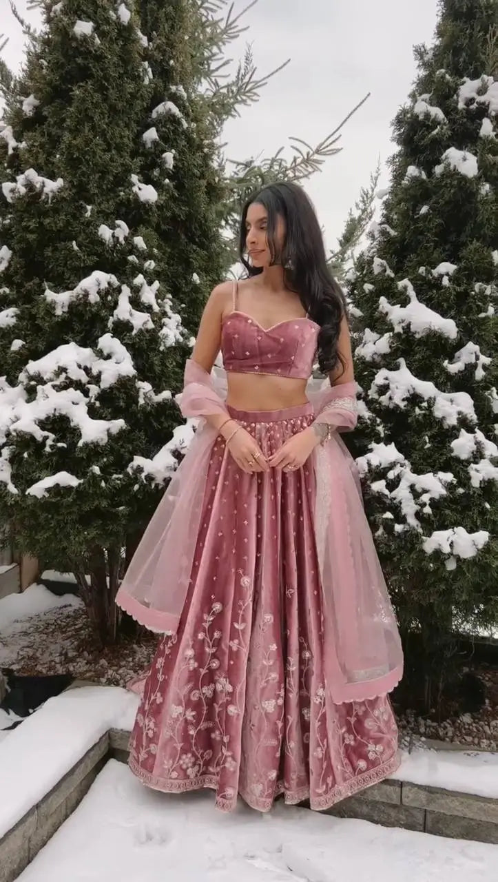 Blush Blossom Embroidered Satin Lehenga Set for Wedding and Festive Wear