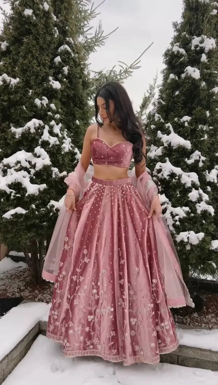 Blush Blossom Embroidered Satin Lehenga Set for Wedding and Festive Wear