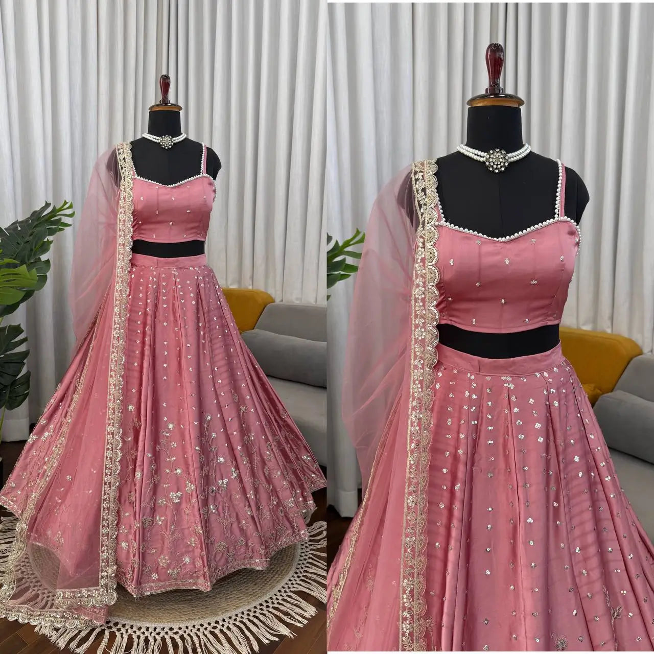 Blush Blossom Embroidered Satin Lehenga Set for Wedding and Festive Wear