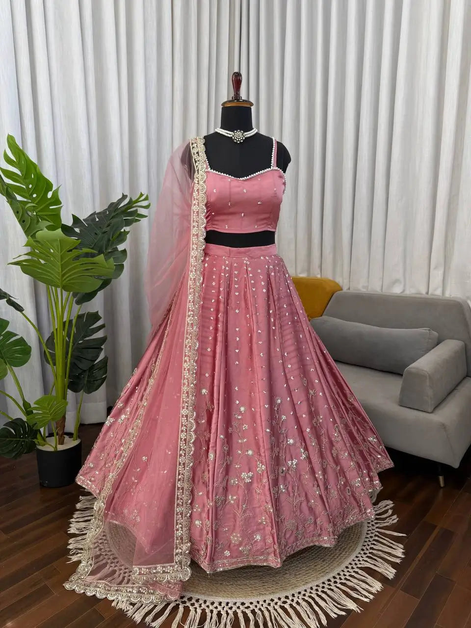 Blush Blossom Embroidered Satin Lehenga Set for Wedding and Festive Wear