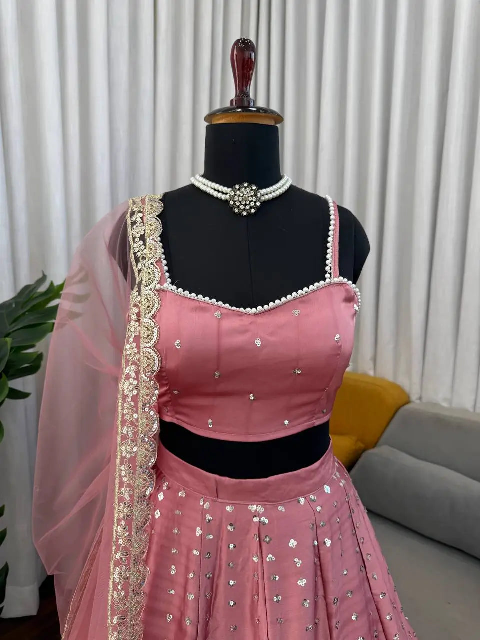 Blush Blossom Embroidered Satin Lehenga Set for Wedding and Festive Wear