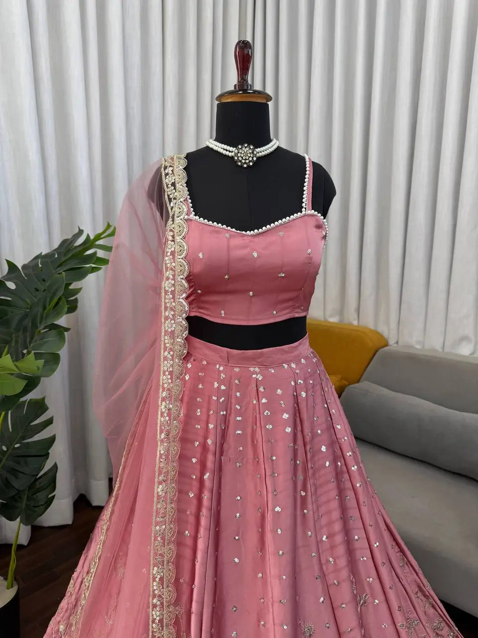 Blush Blossom Embroidered Satin Lehenga Set for Wedding and Festive Wear