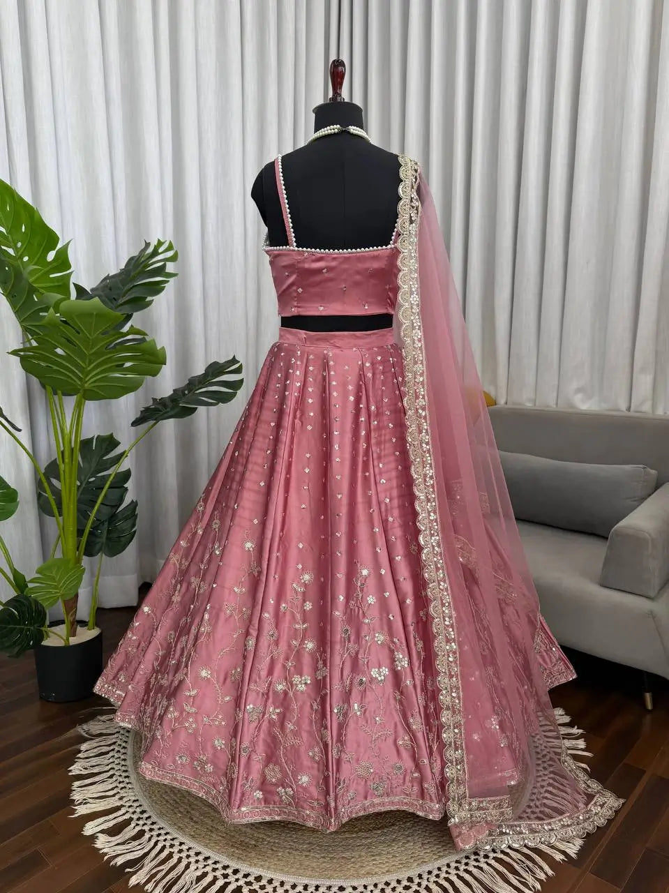 Blush Blossom Embroidered Satin Lehenga Set for Wedding and Festive Wear